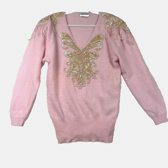 Sweaters - Vintage Simply Tops Sweater‎ Womens Small Pink V Neck Beaded Sequin Angora 80s